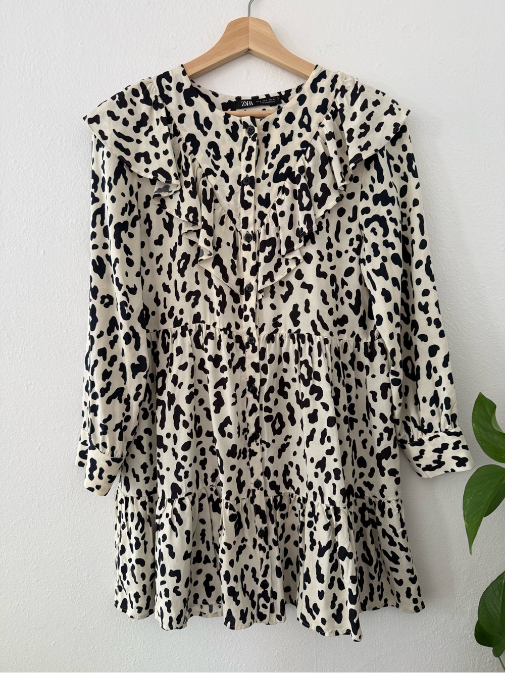 Zara Cream and Black Leopard-Print Ruffle Long-Sleeve Dress